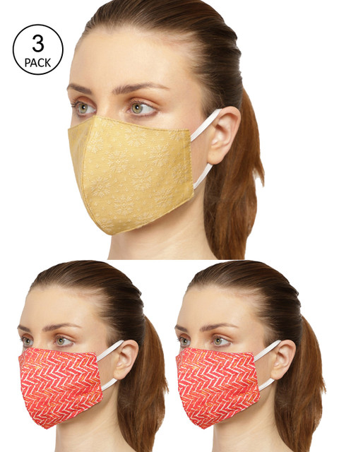 

Anekaant Women Pack Of 3 Printed 3-Ply Reusable Cloth Masks, Khaki