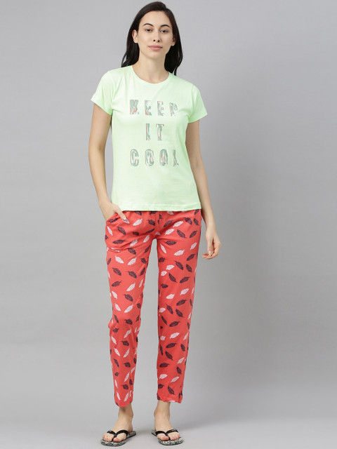 

Kryptic Women Lime Green & Orange 100% Cotton Printed Night suit