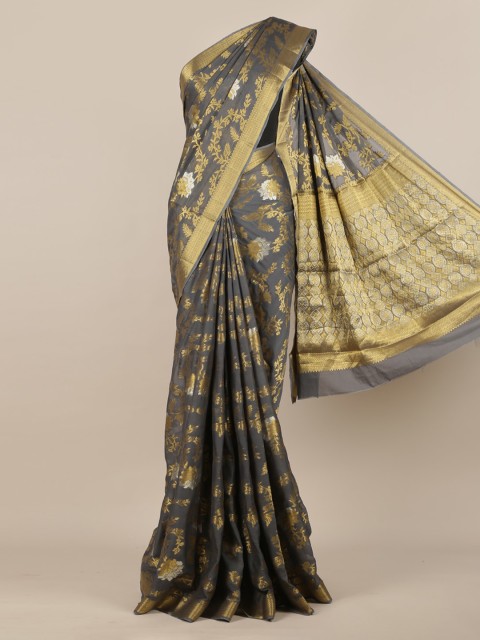 

Pothys Grey & Gold-Toned Poly Georgette Woven Design Saree