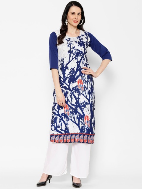 

7Threads Women Blue Floral Printed Crepe Kurta