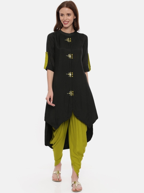 

Neerus Women Black & Olive Green Yoke Design Kurta with Dhoti Pants