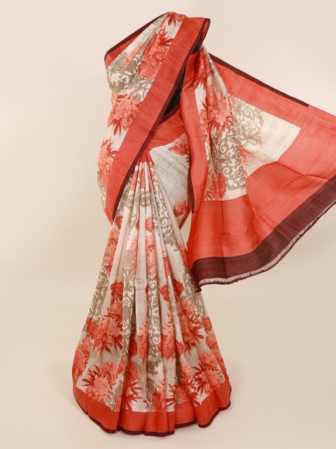 

Pothys Cream-Coloured & Orange Pure Silk Printed Murshidabad silk Saree