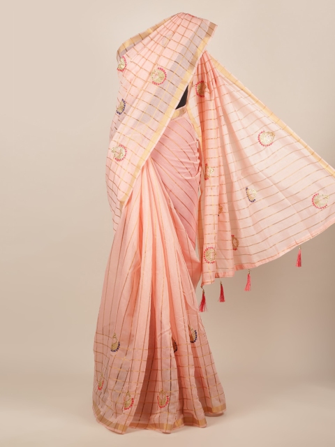 

Pothys Rose Pink Checked Jute Silk Saree