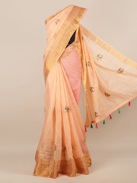 

Pothys Peach-Coloured Embroidered Jute Silk Saree