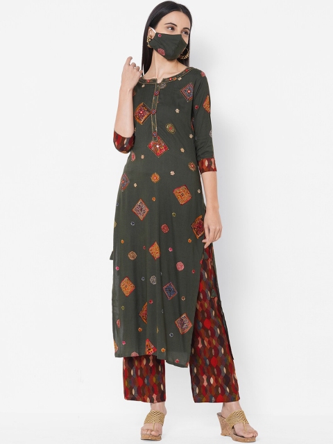 

FASHOR Women Green & Red Printed Kurta with Palazzos