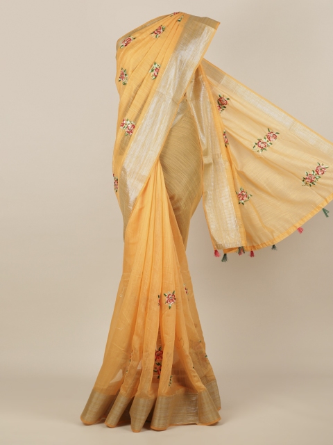 

Pothys Orange & Silver-Toned Jute Silk Embroidered Saree