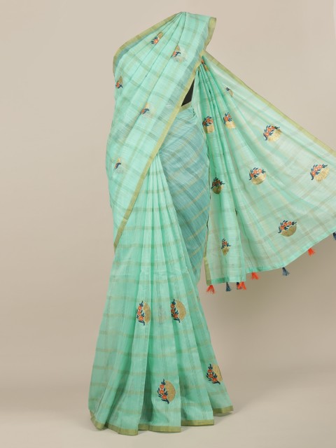 

Pothys Green Checked Jute Silk Saree
