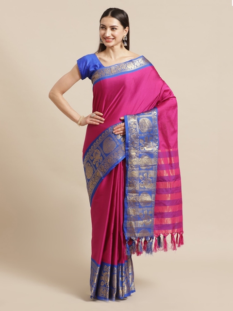 

Mitera Pink Silk Blend Solid Banarasi Saree With Tasseled Pallu