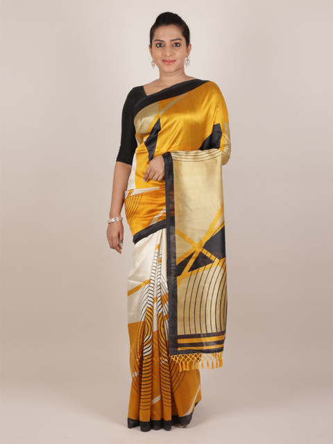 

Pothys Mustard Yellow Printed Jute Silk Saree