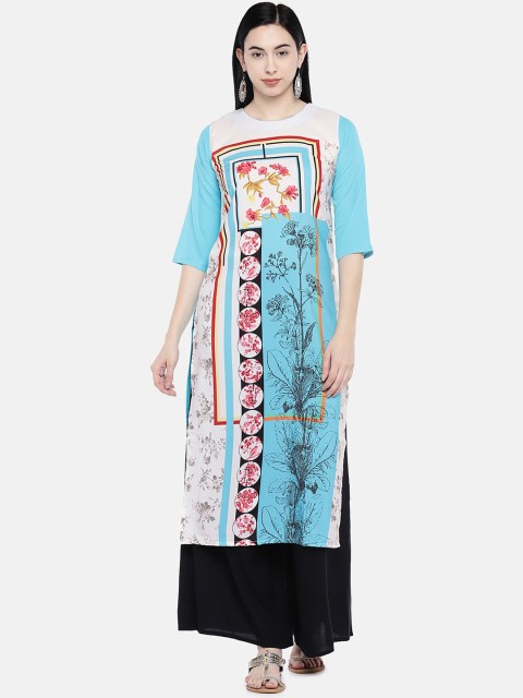

7Threads Women Turquoise Blue Floral Printed Crepe Kurta