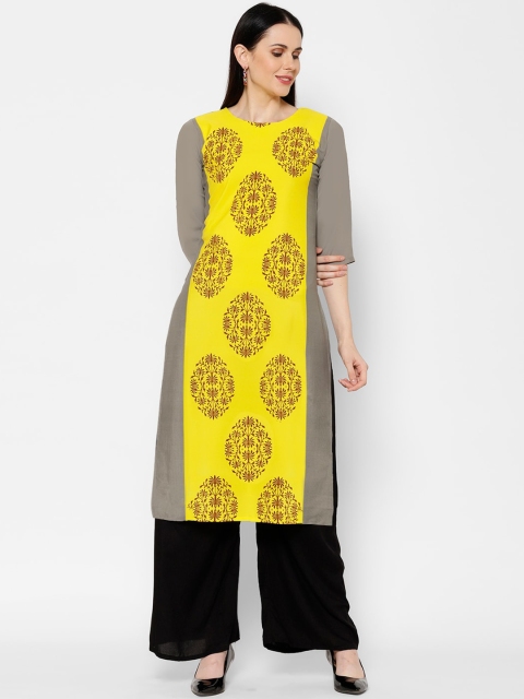 

7Threads Women Yellow & Taupe Ethnic Motifs Print Crepe Kurta