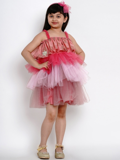 

Bitiya by Bhama Girls Peach-Coloured Self Design Fit and Flare Dress