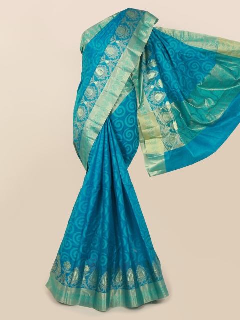 

Pothys Blue & Gold-Toned Pure Silk Printed Tussar Saree