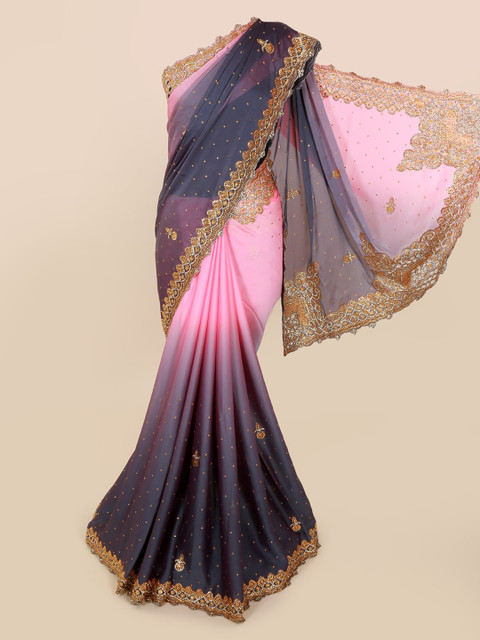 

Pothys Pink & Blue Pure Georgette Embellished Saree