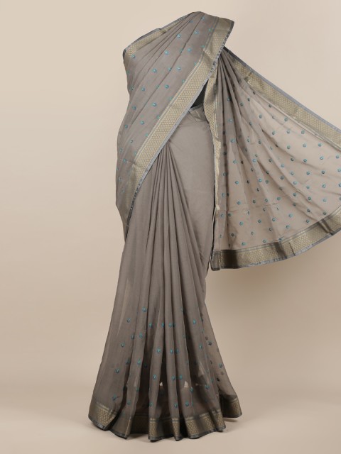 

Pothys Grey Embroidered Poly Chiffon Saree