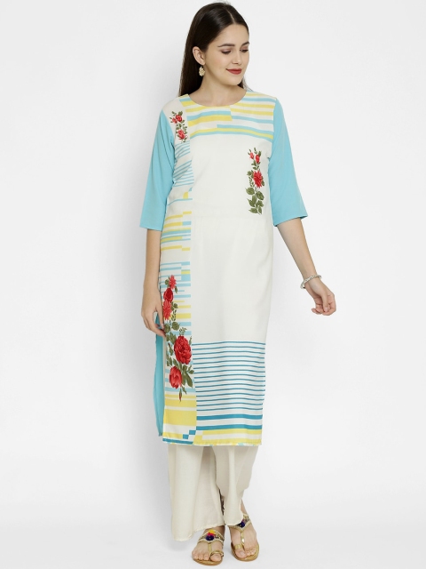 

7Threads Women White & Blue Printed Crepe Kurta