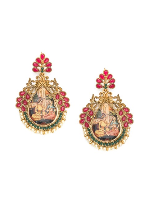 

aadita Gold-Plated & Red Teardrop Shaped Drop Earrings