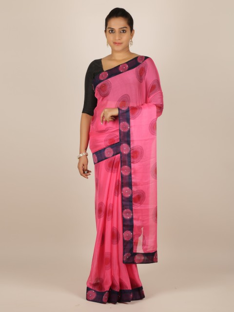 

Pothys Pink & Navy Blue Poly Chiffon Printed Saree