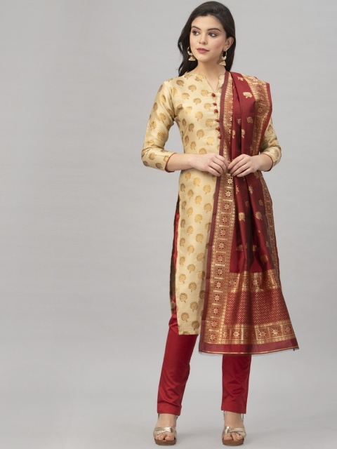 

Satrani Beige & Red Poly Silk Unstitched Dress Material