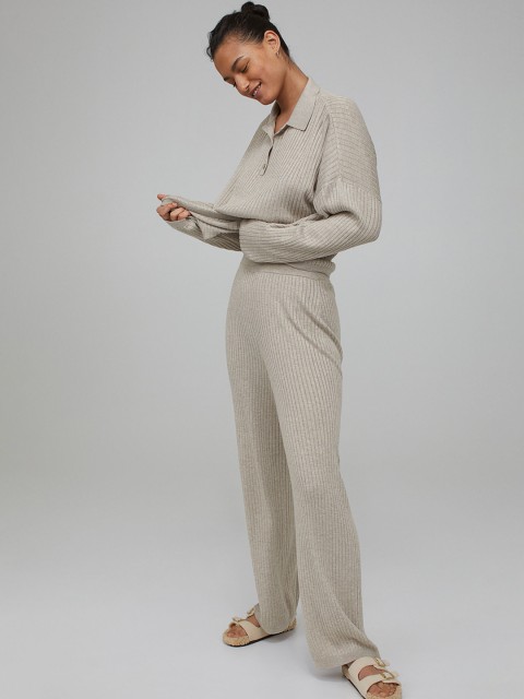 

H&M Women Beige Rib-Knit Sustainable Trousers