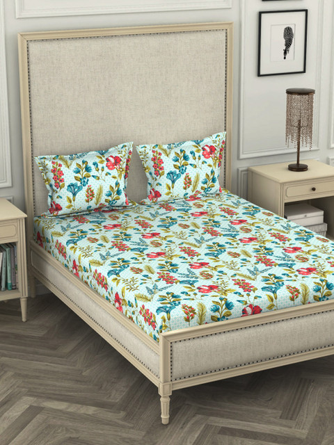 

BIANCA Blue & Red Floral 110 TC Cotton 1 King Bedsheet with 2 Pillow Covers