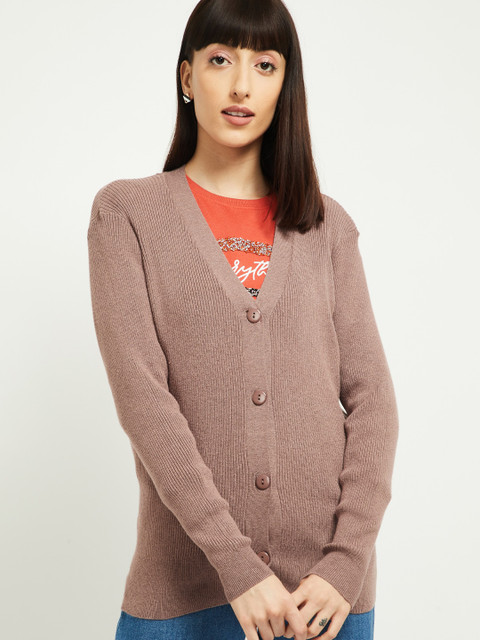 

max Women Brown Ribbed Cardigan Sweater