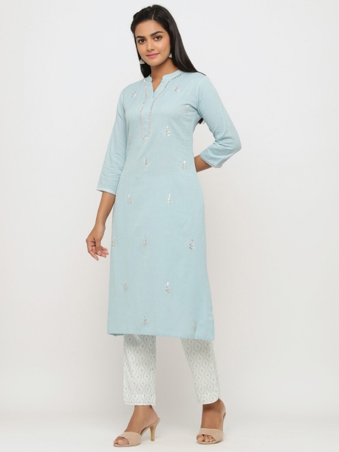 

TARA-C-TARA Women Turquoise Blue Embroidered Thread Work Kurta