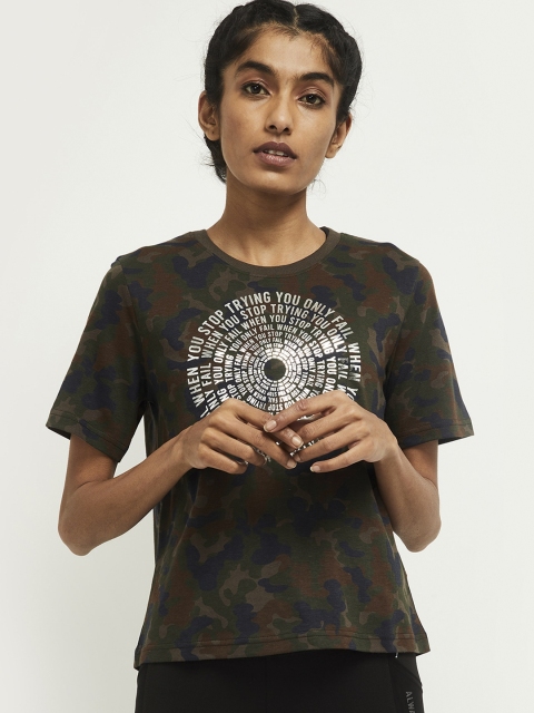 

max Women Green Printed Round Neck Cotton T-shirt
