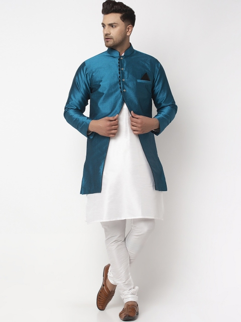 

Benstoke Men Teal Blue & White Self-Design Sherwani Set
