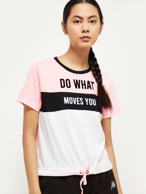 

max Women White & Pink Colourblocked Round Neck T-shirt