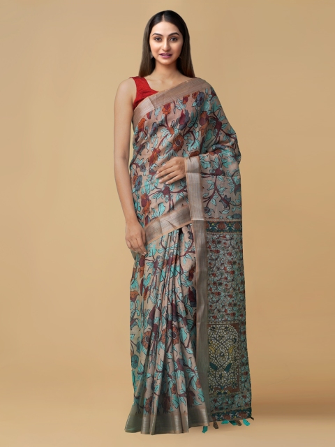 

Unnati Silks Taupe & Turquoise Blue Linen Blend Printed Jamdani Saree