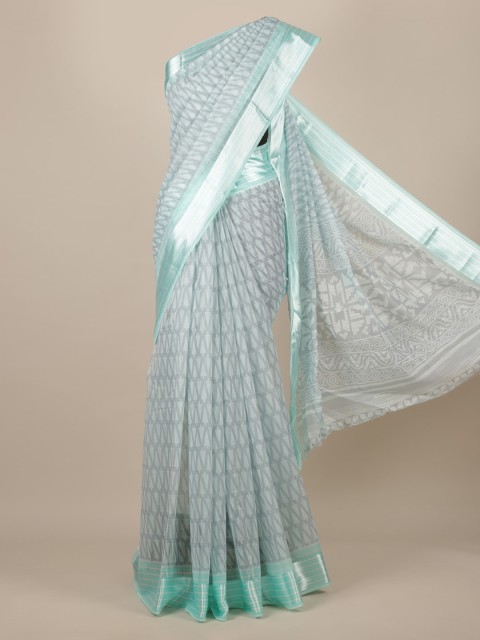 

Pothys Green & Silver-Toned Jute Silk Printed Saree