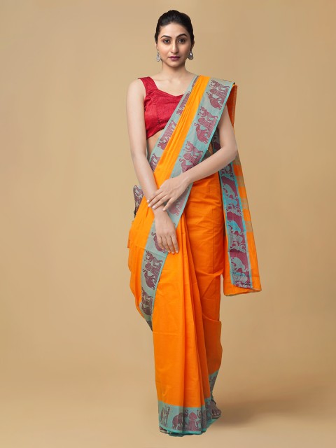 

Unnati Silks Orange Pure Cotton Solid Handloom Venkatgiri Saree