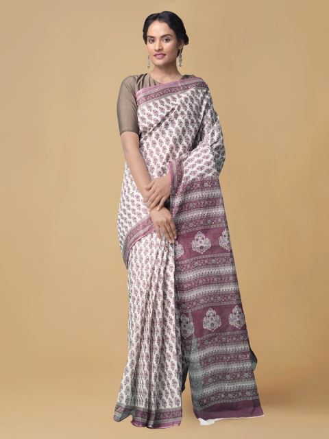 

Unnati Silks White & Pink Pure Cotton Printed Kovai Saree