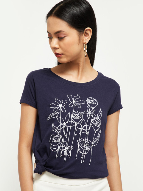 

max Women Blue Printed Round Neck Cotton T-shirt