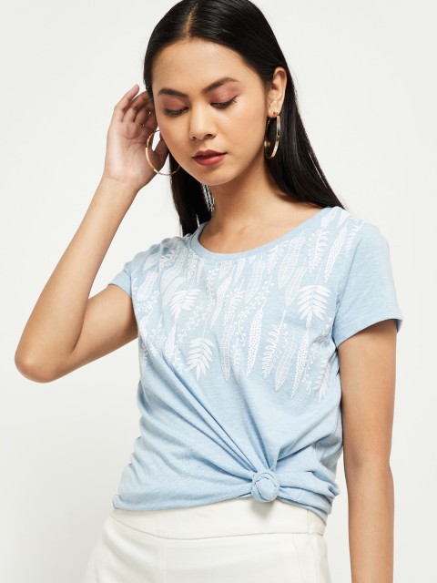 

max Women Blue Printed Round Neck Cotton T-shirt