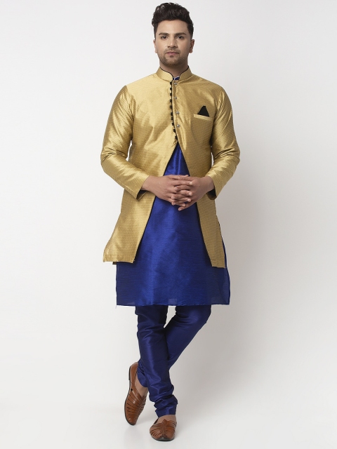 

Benstoke Men Blue & Gold-Coloured Self-Design Sherwani Set