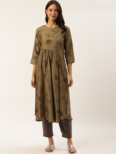 

shiloh Women Olive Green Floral Printed Kurta