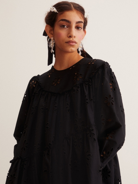 

H&M Women Black Self Design Broderie anglaise dress