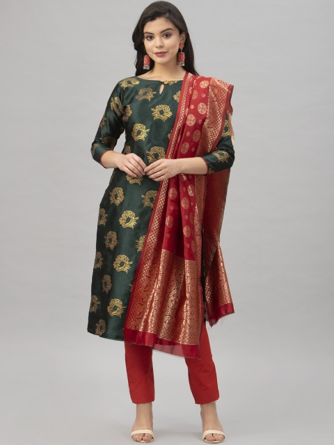 

Satrani Green & Red Poly Silk Unstitched Dress Material