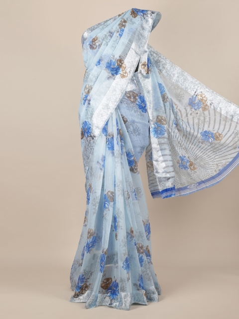 

Pothys Blue & Silver-Toned Jute Silk Printed Saree