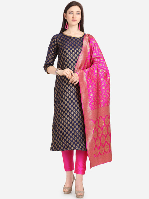 

Satrani Navy Blue & Pink Poly Silk Unstitched Dress Material