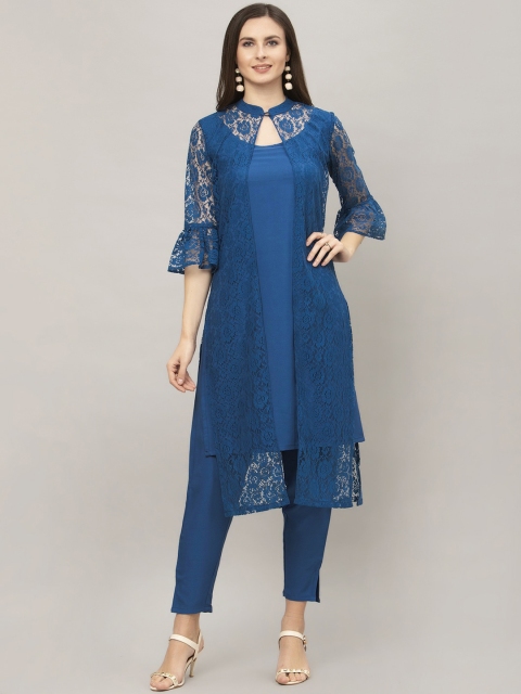 

SANISA Women Blue Embroidered Keyhole Neck Flared Sleeves Handloom Kurta