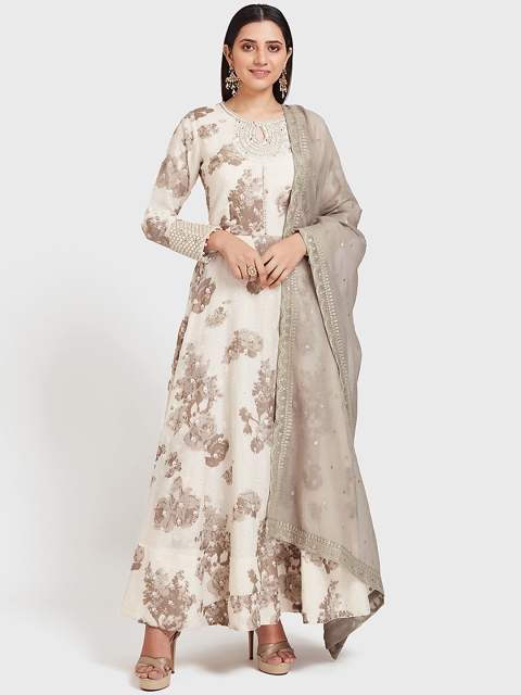 

Neerus Women Cream-Coloured & Grey Printed Kurta with Churidar & Dupatta