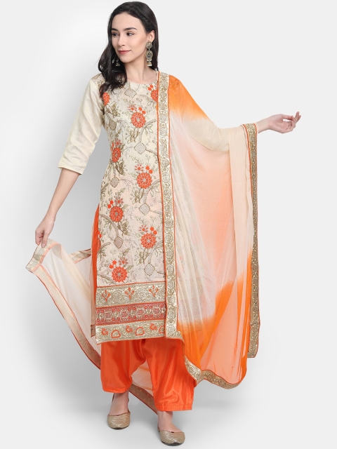 

7Threads Beige & Orange Raw Silk Semi-Stitched Dress Material