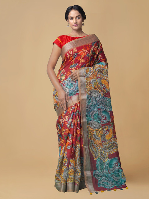 

Unnati Silks Red Linen Blend Printed Jamdani Saree