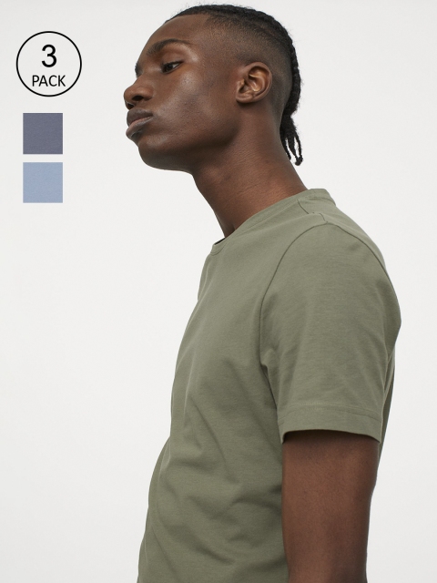 

H&M Men Blue & Olive Green Solid 3-pack T-shirts Slim Fit
