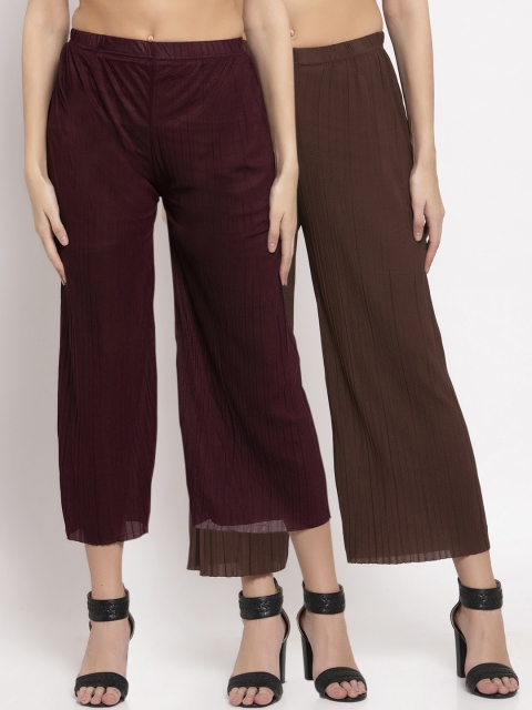 

KLOTTHE Women Pack of 2 Solid Wide Leg Palazzos, Brown
