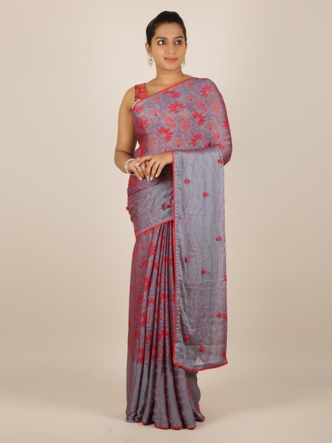 

Pothys Grey Printed Poly Chiffon Saree