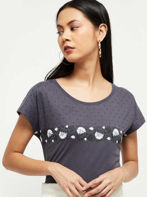 

max Women Grey Printed Round Neck Cotton T-shirt